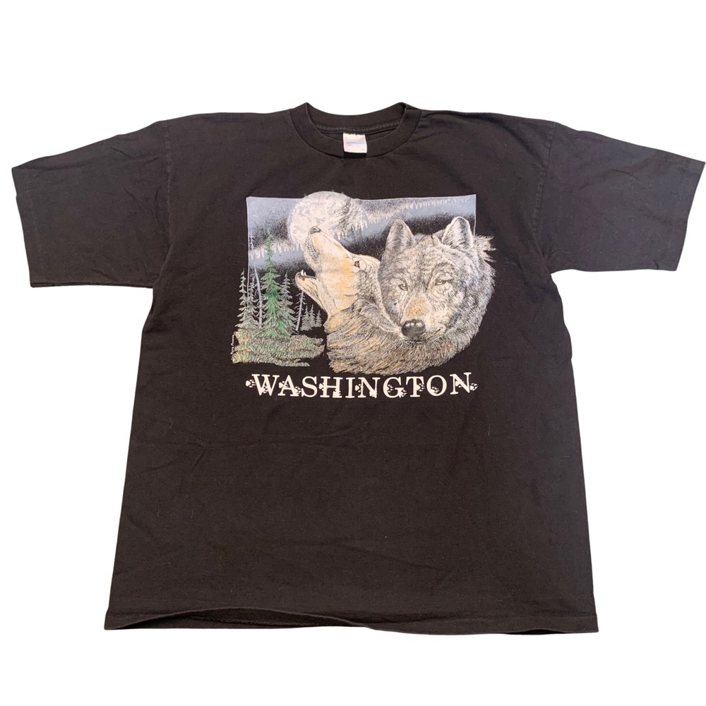 Vintage‎ Prairie Mountain Washington Wolf Graphic T-Shirt Black XL Made in USA